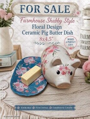 Farmhouse Shabby Style Floral Design Ceramic Pig Butter Dish 8x4.5"